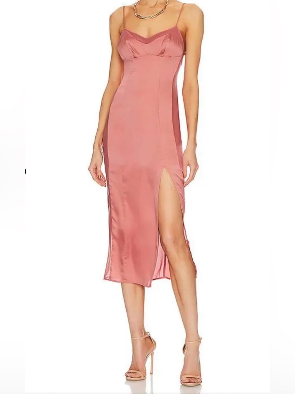 Free People Rose Satin Slip Midi Dress with High Side Slit